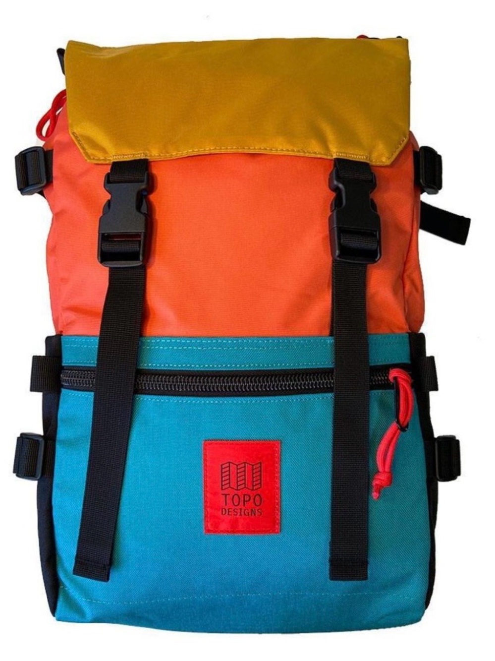 Topo Designs Rover Pack Classic Colorblock Roll-Top BackpackCoral, Teal & Yellow